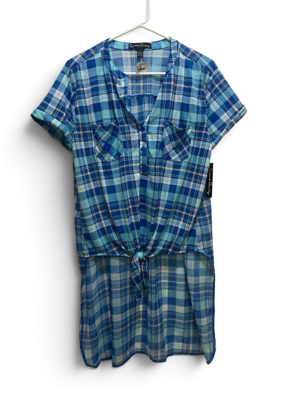 NWT French Laundry Plaid Short Sleeve Tie-Front High-Low Top